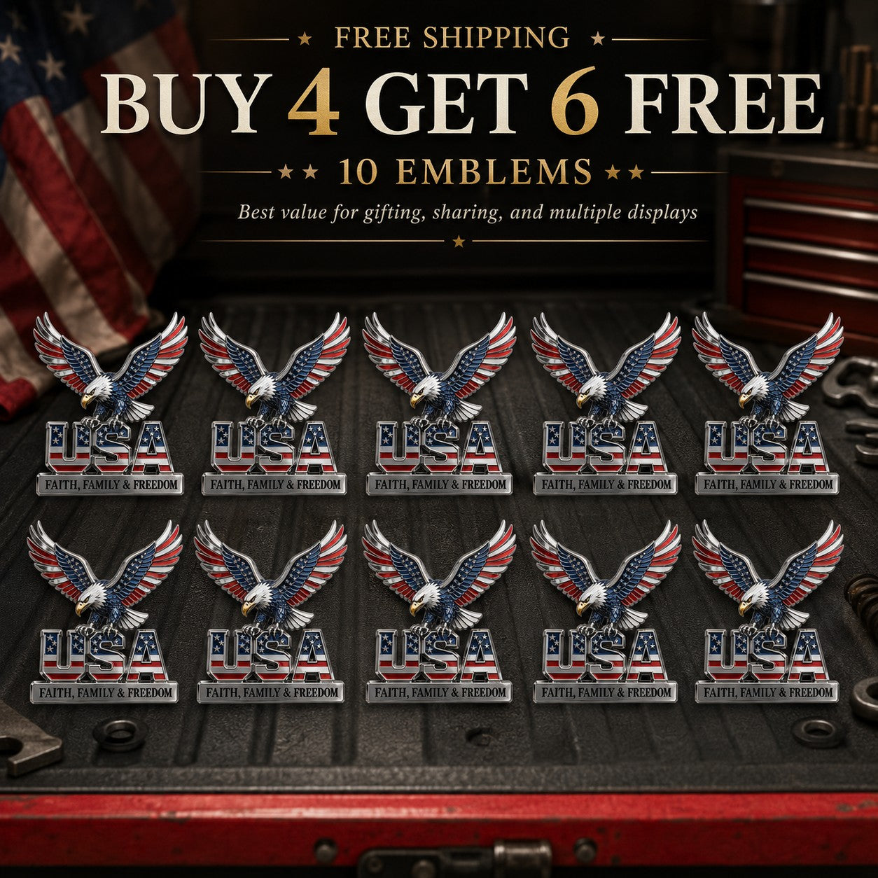 đşđ¸250th Anniversary 49% OFF - â
USA Faith, Family & Freedomâ
Metal Emblem